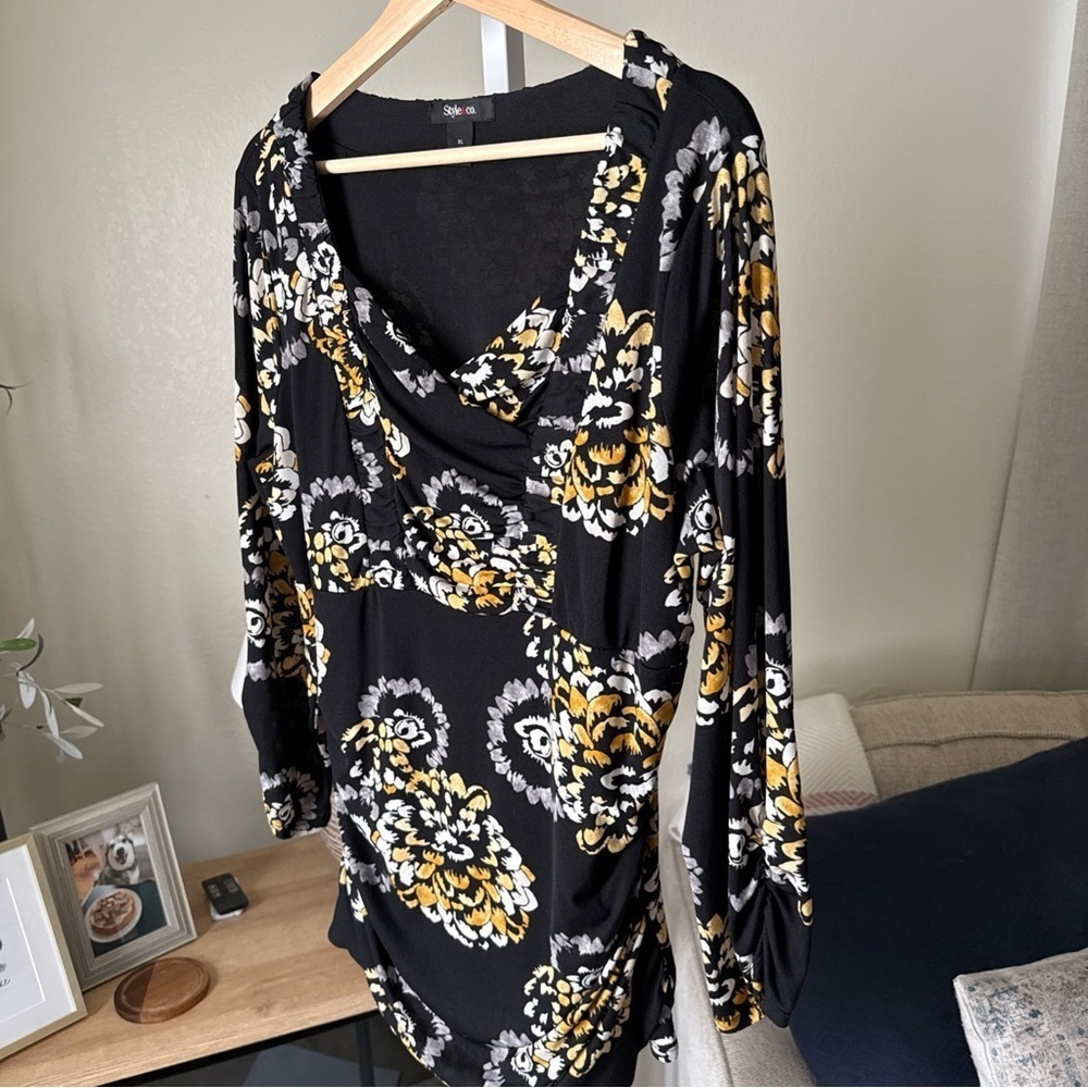 Style & Co Womens Black/grey/gold Floral Long Sleeve Blouse Size XL - Picture 3 of 7